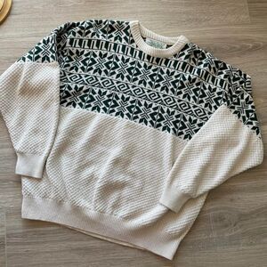 Vintage Fair Isle Knit Sweater Fisherman Cream & Green Chunky Cozy Unisex XL 90s